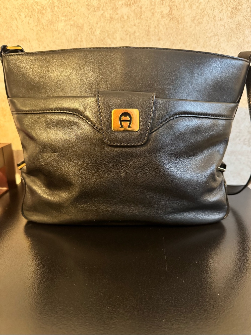 Etienne Aigner Vintage Black Leather Crossbody Bag with Gold Accent